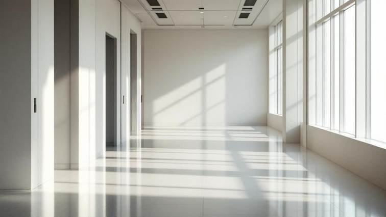 a white room with windows and doors