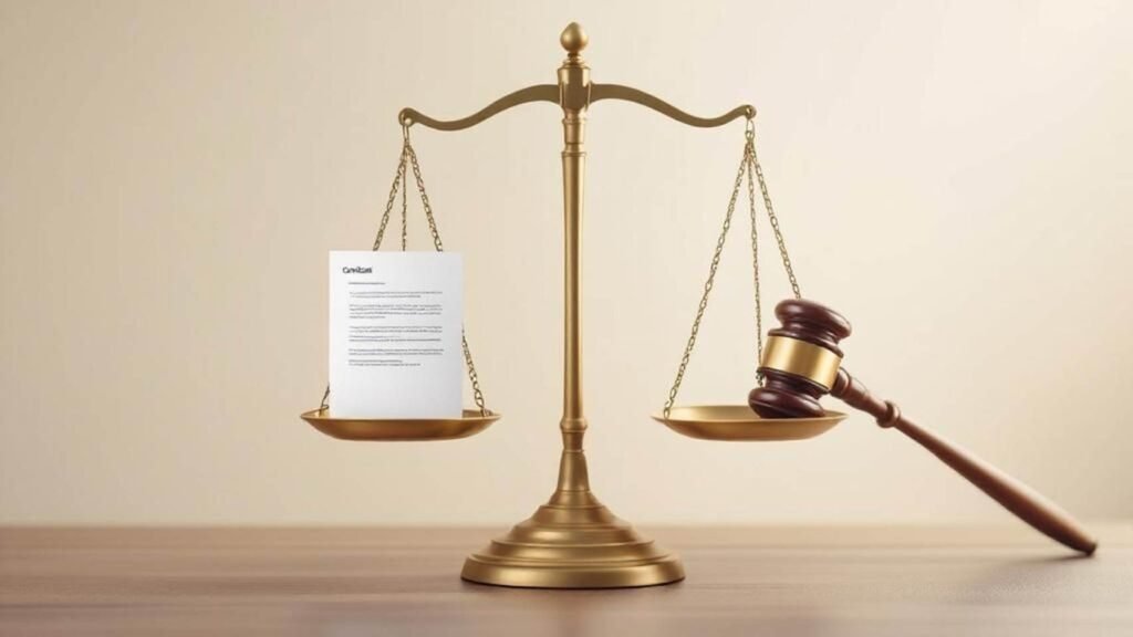 a gavel and a paper on a scale
