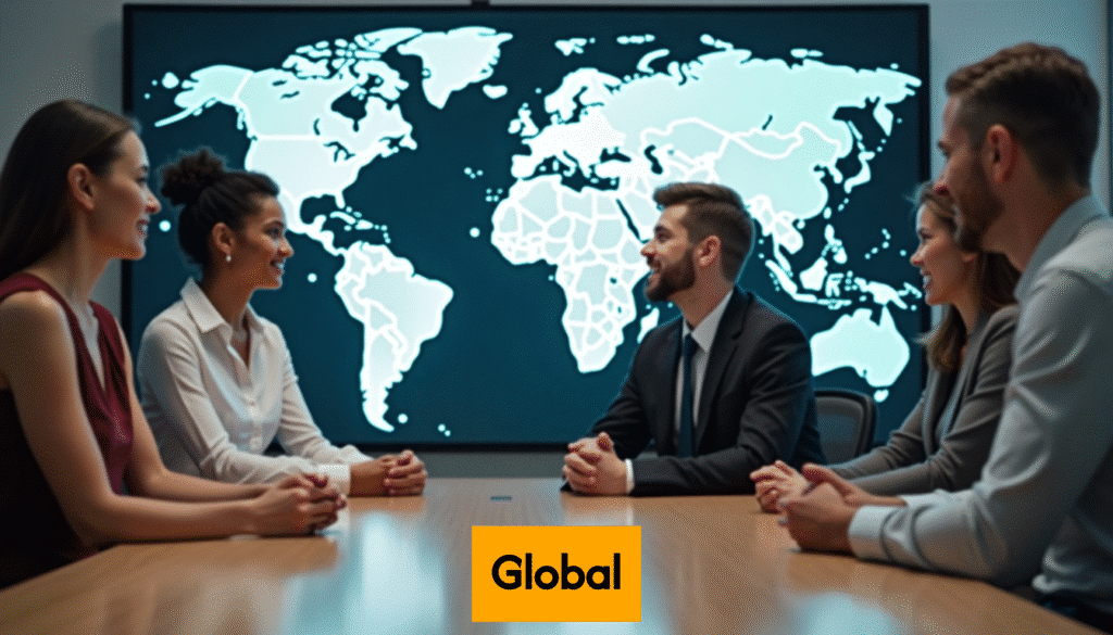 Diverse team discussing international business law.