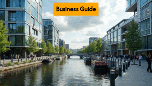 A modern Dutch business district with professionals walking outside