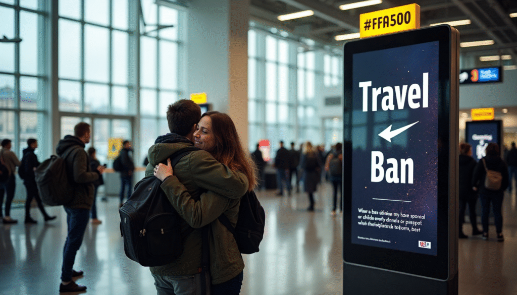Travelers arriving at modern Dutch airport with prominent travel ban info screen