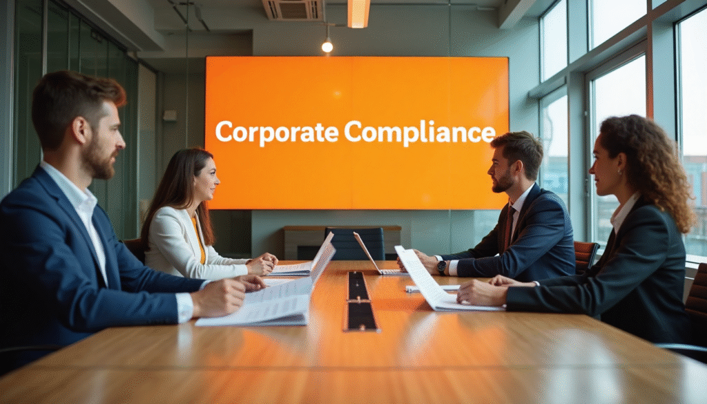 Business team reviewing compliance in bright Amsterdam boardroom