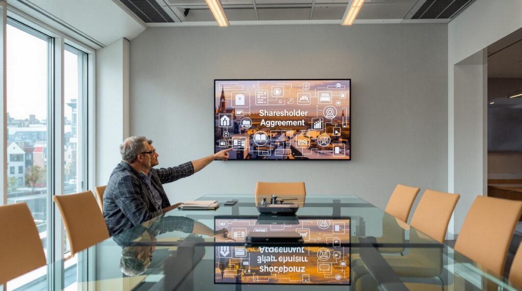 Dutch business team discusses shareholder agreement with digital screen in boardroom