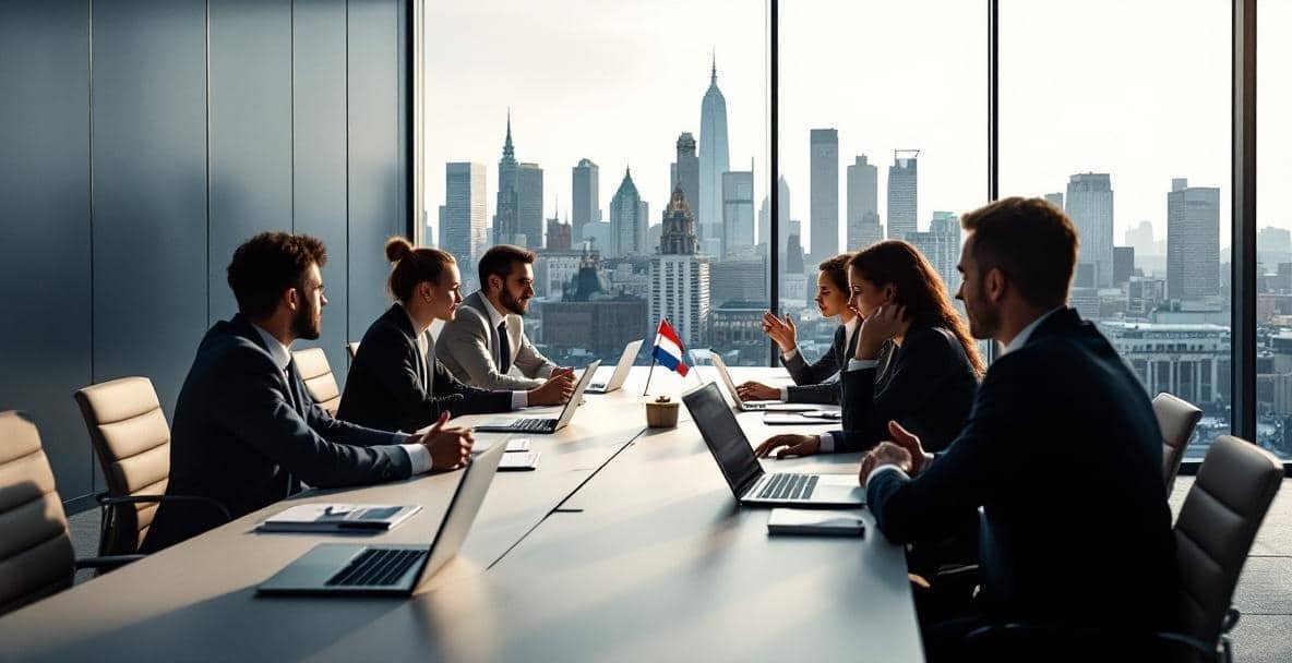 Modern boardroom in the Netherlands with professionals discussing legal matters.