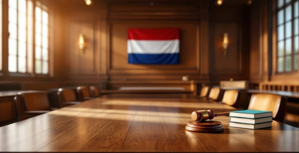 Dutch courtroom with appeal table, wooden benches, legal books, gavel, and a Dutch flag in the background.