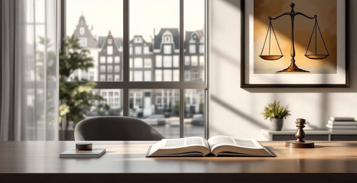 Professional office in the Netherlands with a law book and Dutch design sculpture.