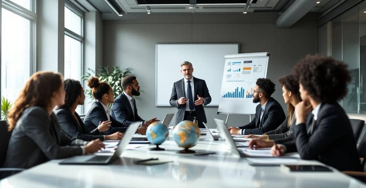 Modern conference room with diverse professionals discussing litigation management.