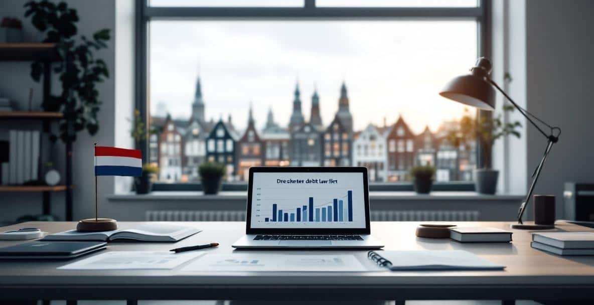 Modern Dutch law firm office with desk, legal documents, and Amsterdam skyline view.