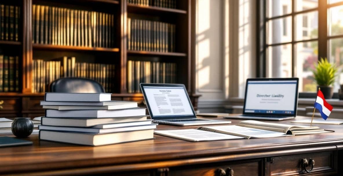 Professional desk with Dutch legal documents and laptop under natural morning light.