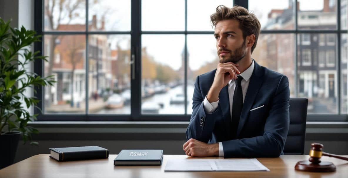 Business professional in an office overlooking Amsterdam's canals with legal documents on director liability.