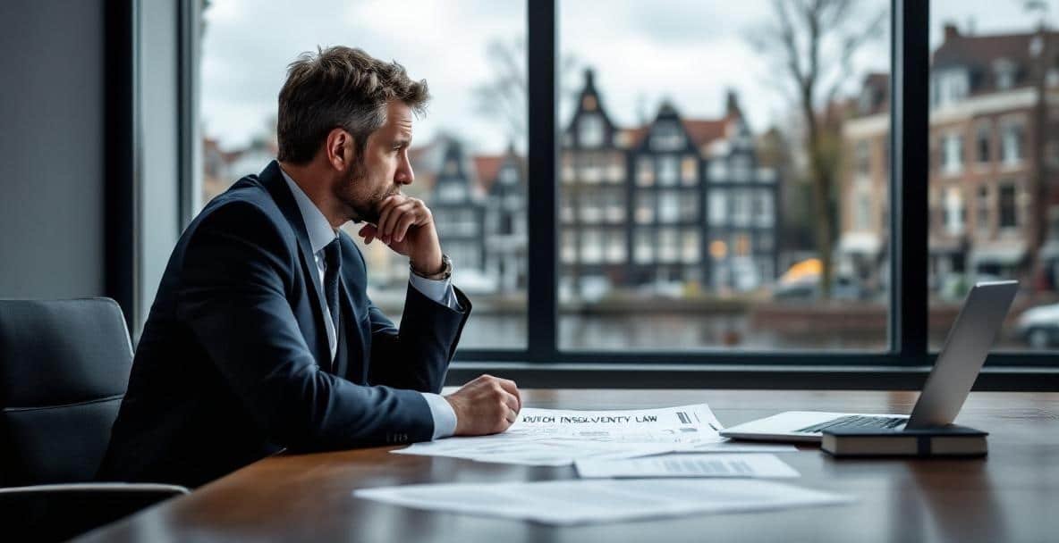 Director in a boardroom reviewing financial documents with Amsterdam view.