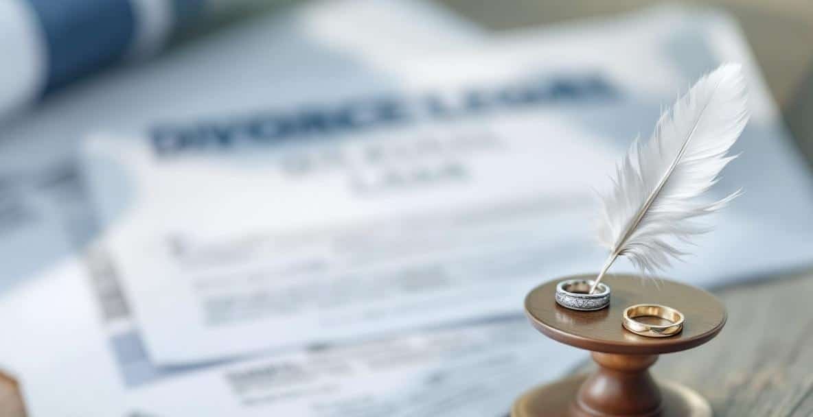 A balanced scale with a broken wedding ring and a feather, set in a legal context.