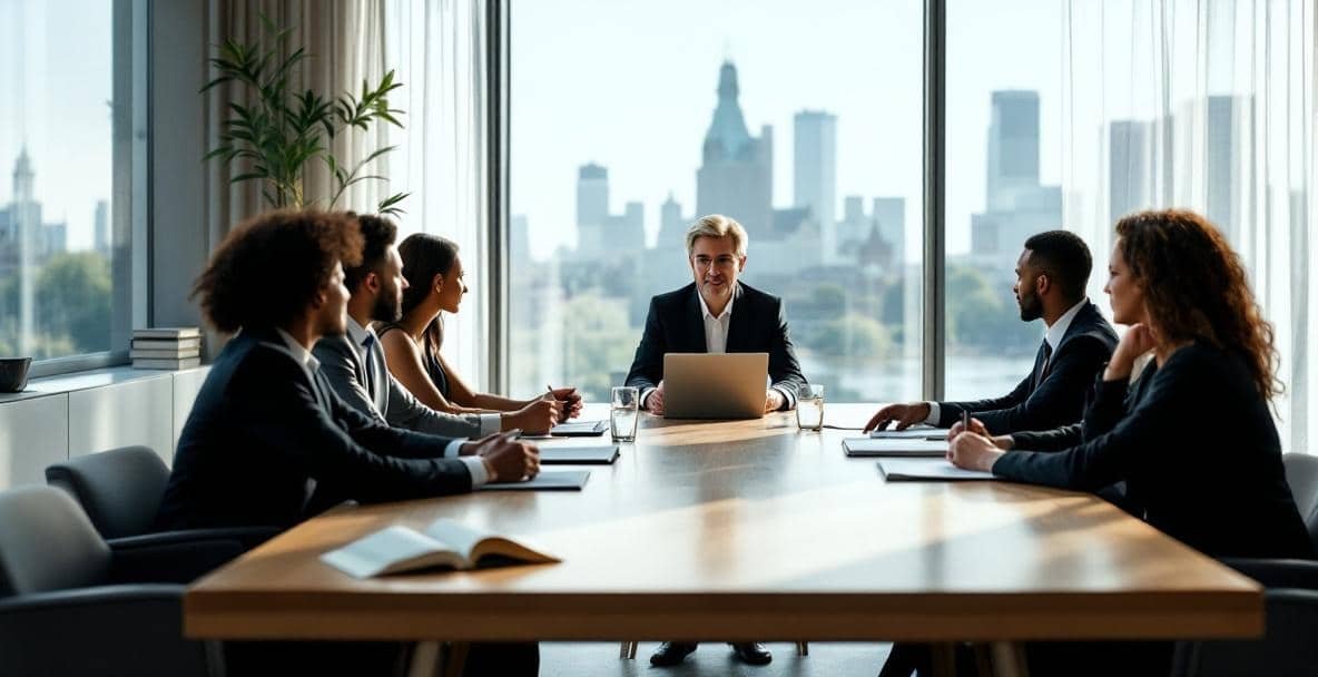 Conference room with diverse group and mediator discussing divorce mediation.