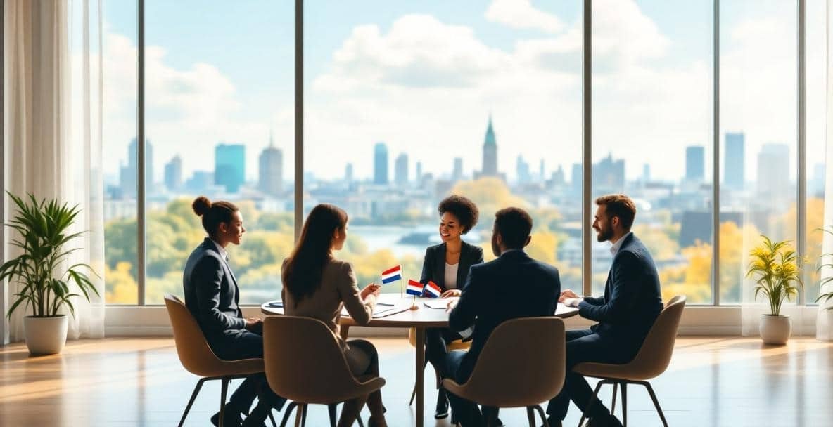 Diverse group in a mediation setting with legal documents and international flags on table.