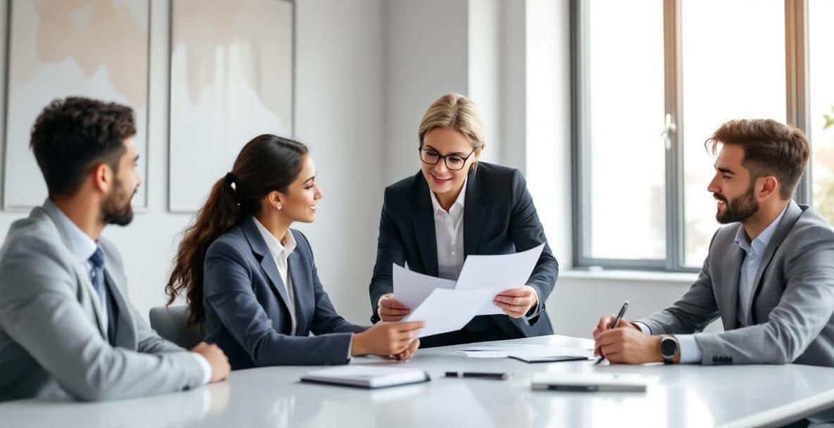 Diverse group in modern office; lawyer explaining documents to attentive clients.
