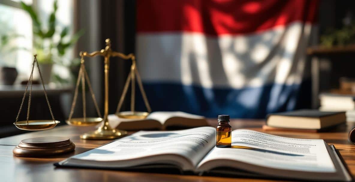 Legal office with Dutch flag, law books, justice scale, and cannabis bottle depicting drug laws.