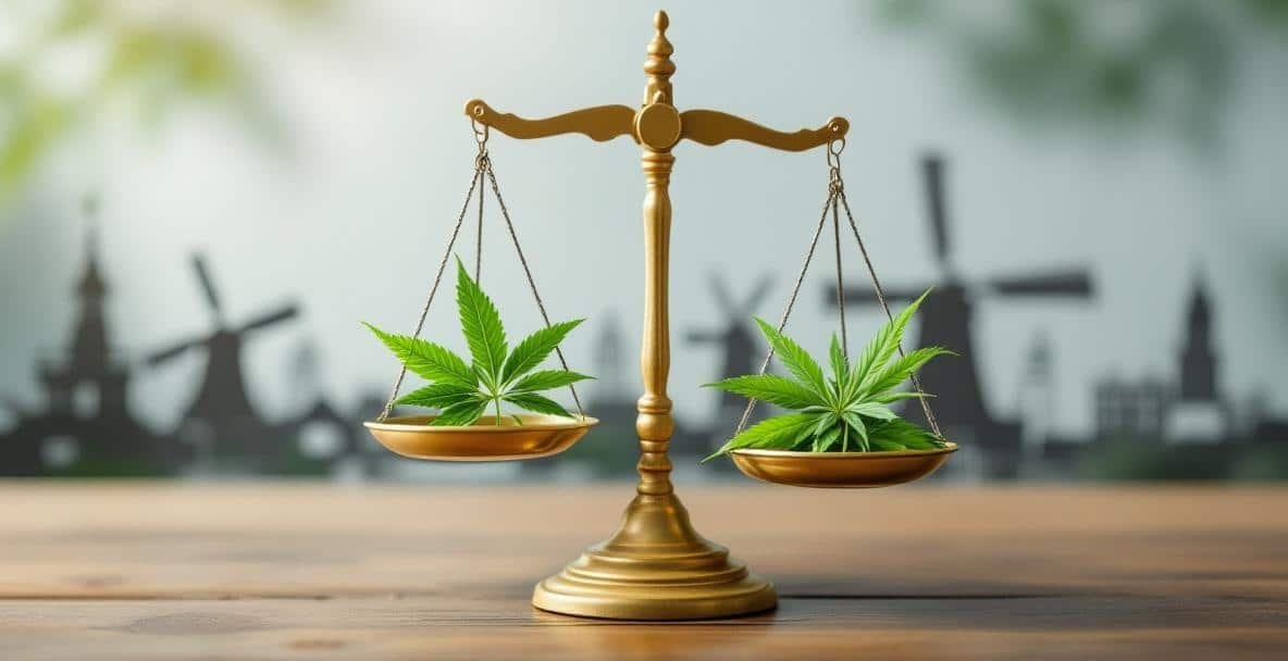 Balanced scale with cannabis leaves and Dutch landmarks, symbolizing Dutch drug law complexity.