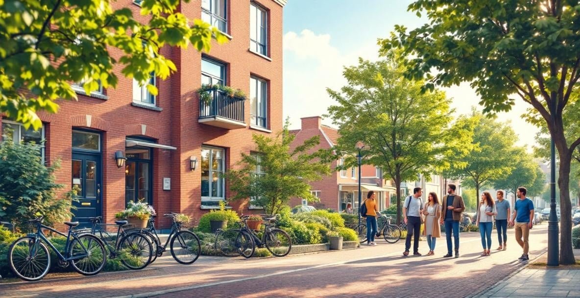 Serene Dutch street with red-brick apartments, bicycles, and people in conversation under a blue sky.