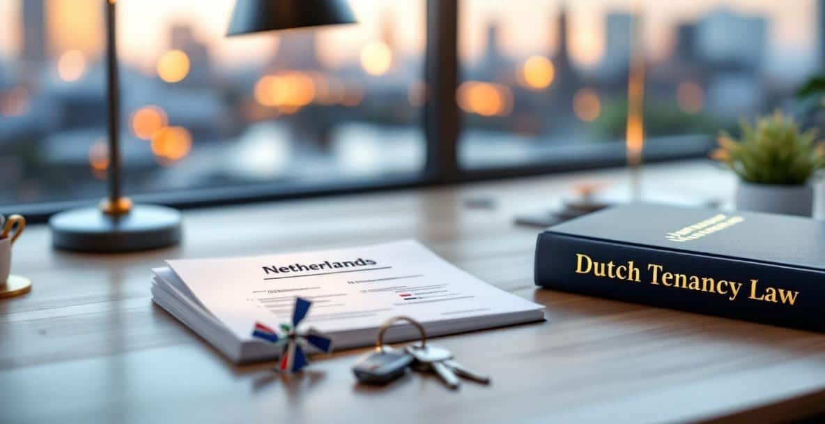 Minimalistic desk with Dutch rental contracts, keys, and law book, set against Amsterdam's skyline.