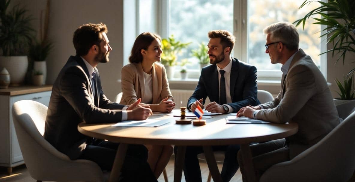 Diverse group discussing tenancy law at a wooden table with a Dutch lawyer, documents, and a small Dutch flag.