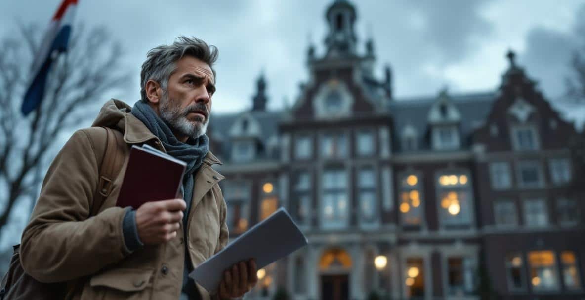 Worried traveler with passport outside Dutch courthouse with flag on a cloudy day.