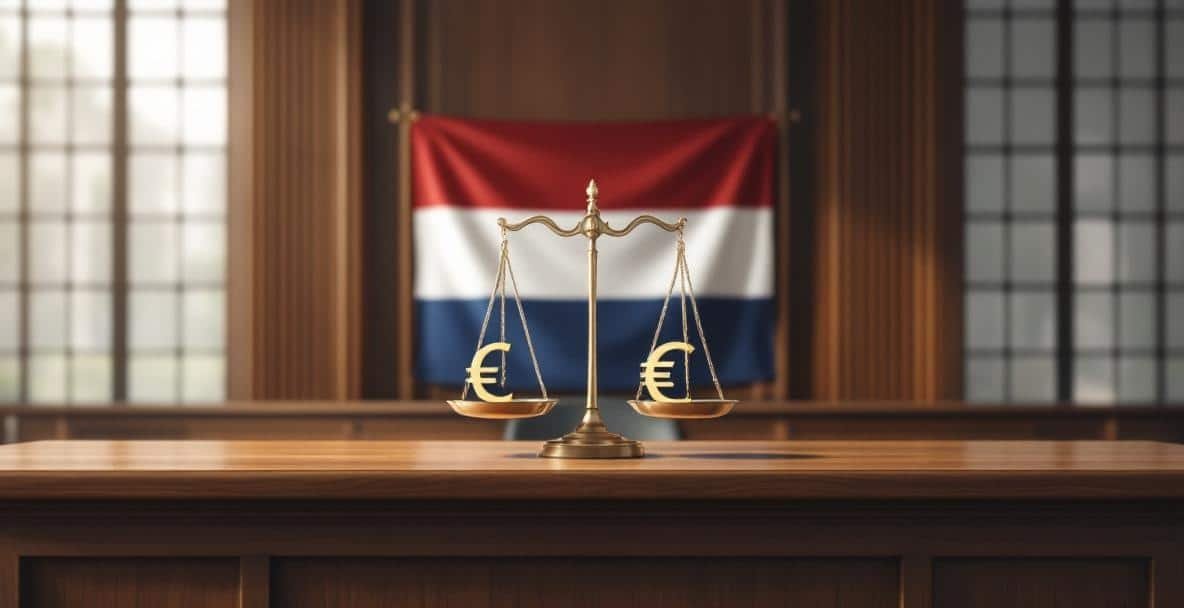 Modern Dutch courtroom interior with judge's bench, scales, euro symbol, and gavel, symbolizing legal justice.