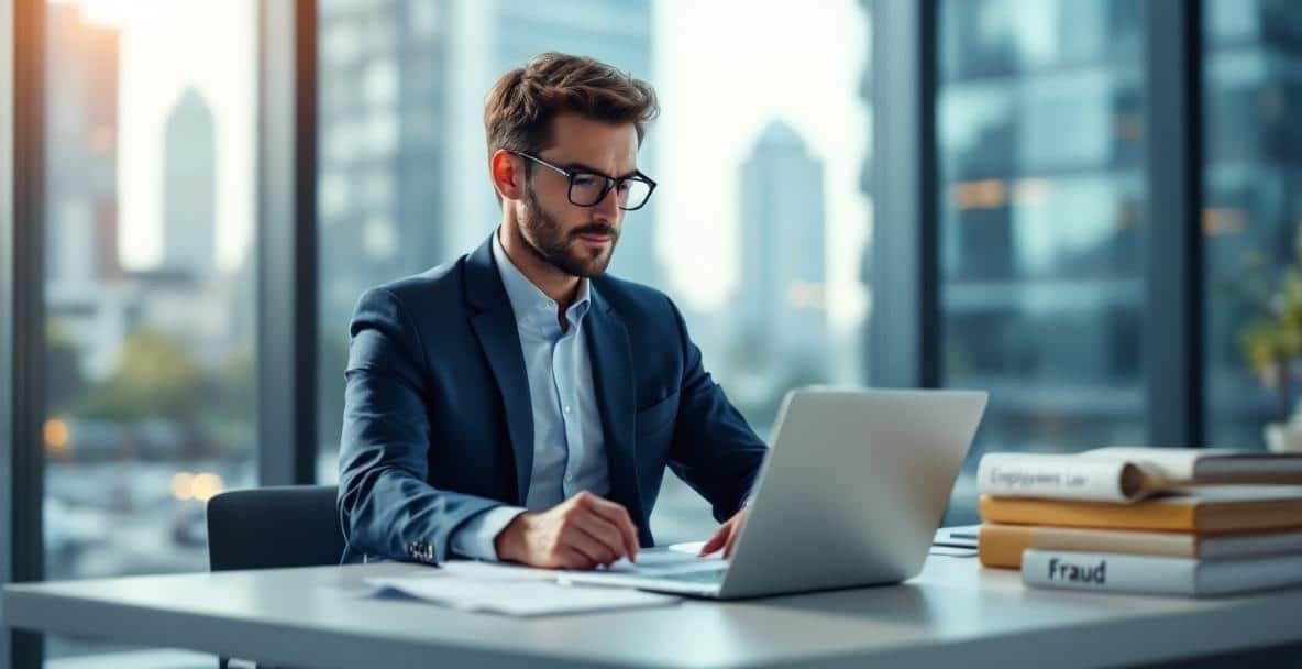 Dutch lawyer in business suit at desk reviewing employment law and fraud documents.