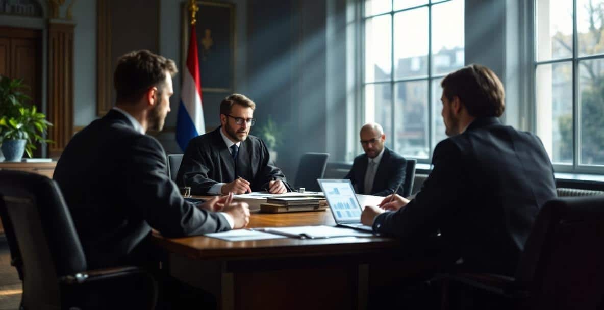 Dutch courtroom scene with judge, lawyers, and defendant discussing financial fraud.