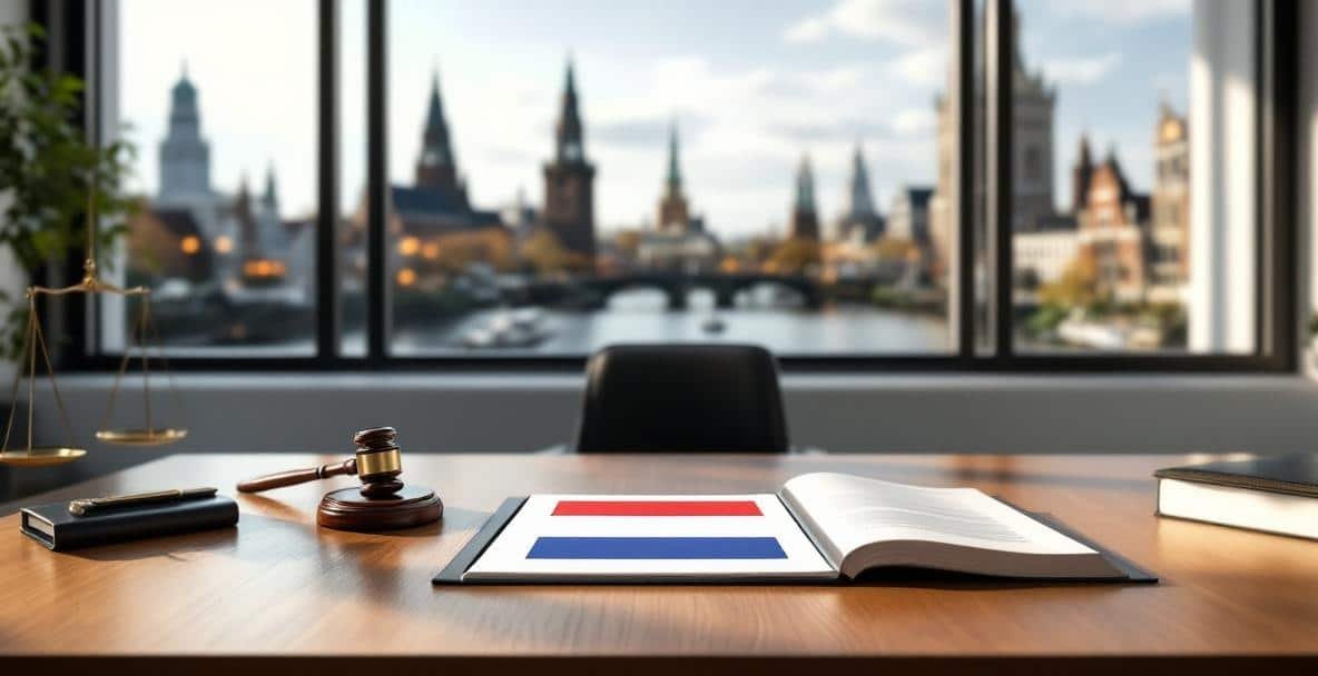 How to Navigate Dutch Litigation Law Effectively 1 Modern Dutch law office with desk, legal books, Dutch flag document, gavel, scales, and city skyline view.