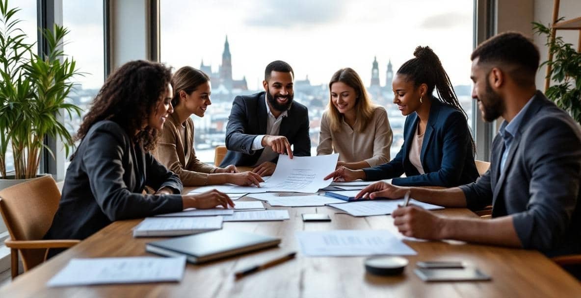 How to Navigate Dutch Litigation Law Effectively 2 Diverse group discussing legal documents in a modern Dutch law office.