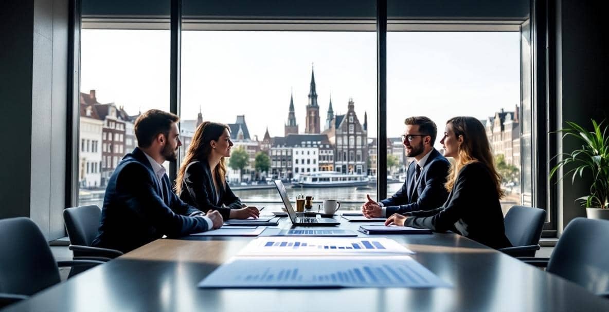 Diverse professionals discuss finance law in a Dutch firm's conference room overlooking Amsterdam.