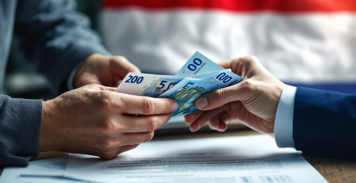 Hands exchanging Euros with blurred Dutch flag, symbolizing money laundering in the Netherlands.