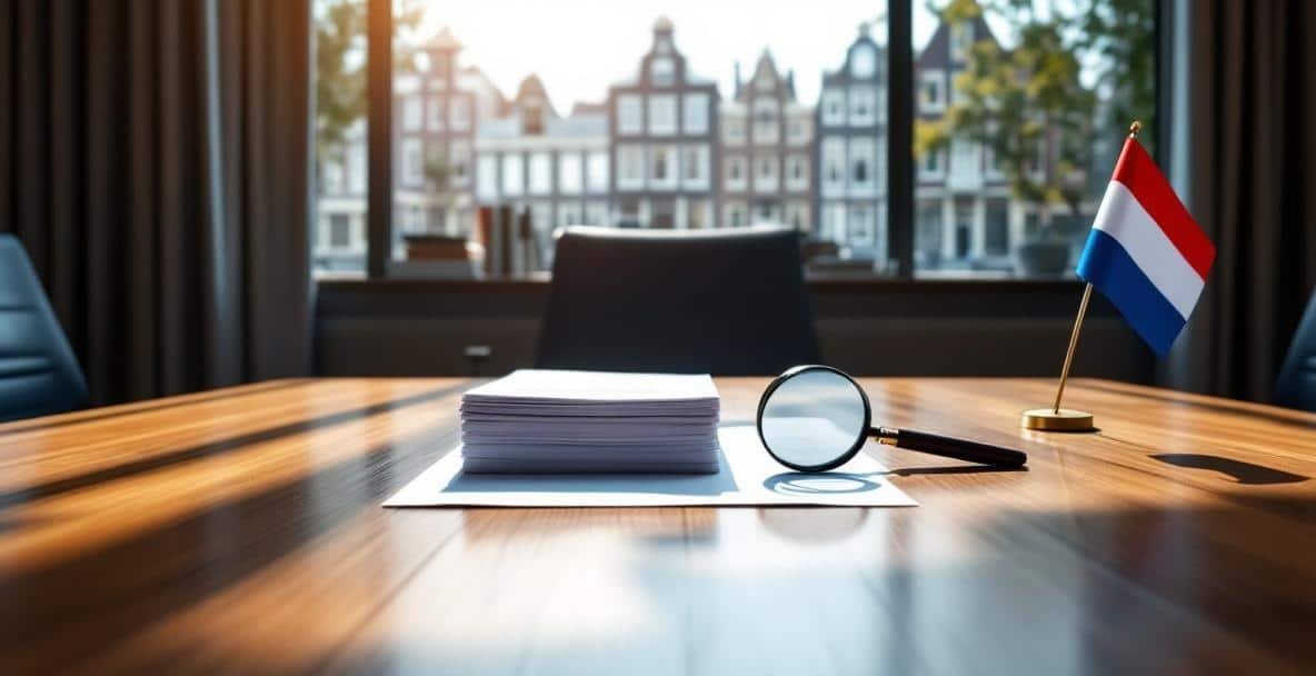 Office with legal documents, magnifying glass, and Dutch flag symbolizing money laundering scrutiny.
