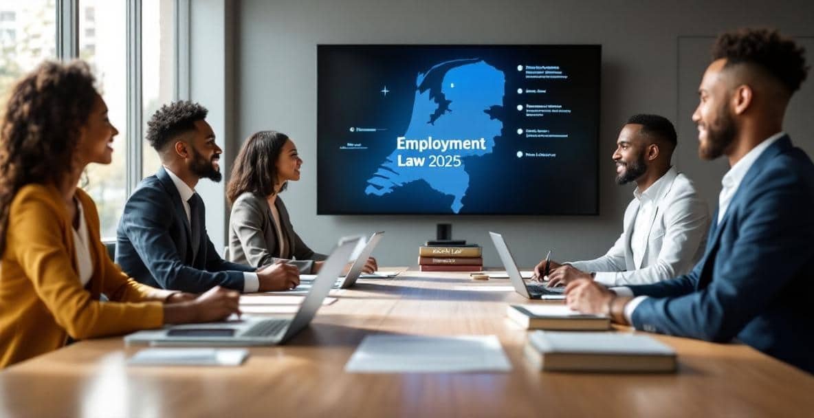 Diverse group discusses 2025 Dutch employment law changes in modern conference room.
