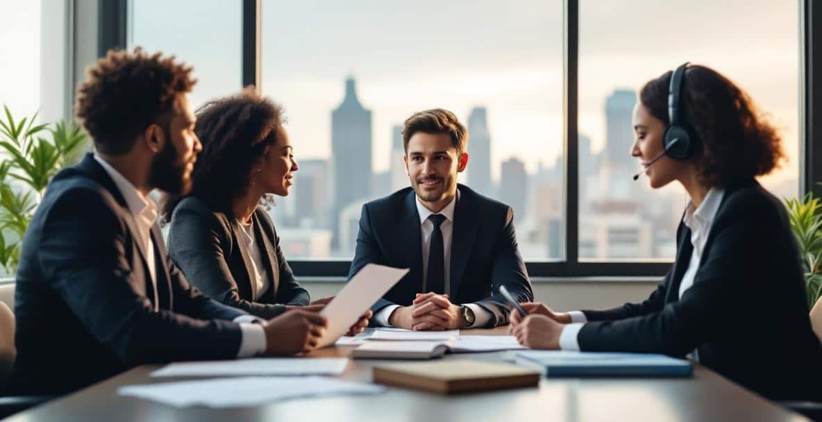 Diverse group of professionals discussing legal matters with a lawyer in a modern office.