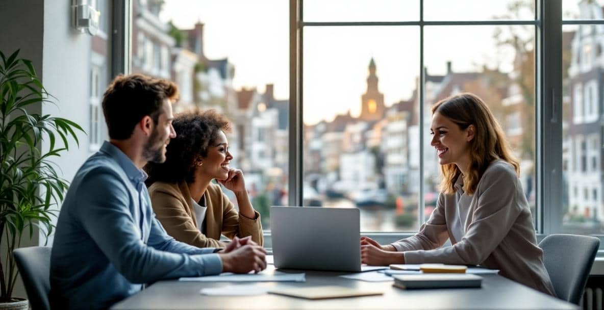 A diverse group discusses migration with a consultant in a modern Dutch office, canal view visible.