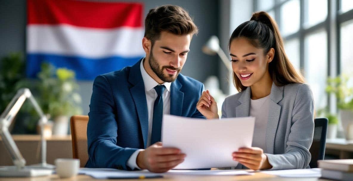 Two professionals review work visa documents in a modern office with a Dutch flag visible.