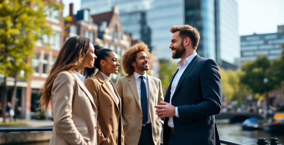 Professionals of diverse backgrounds in business attire converse near a Dutch canal with a modern office in the background.