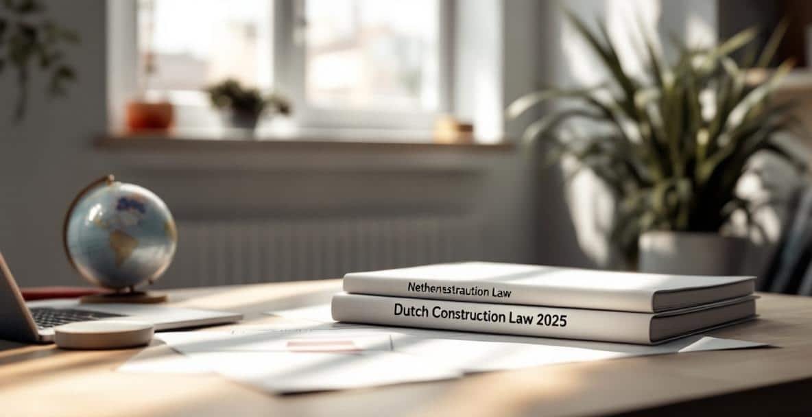 Office setting with a desk, legal documents on Dutch Construction Law 2025, and a laptop displaying a legal database.