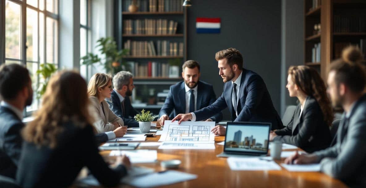 Diverse people in a meeting room discuss Dutch construction law with a legal expert pointing at a project diagram.