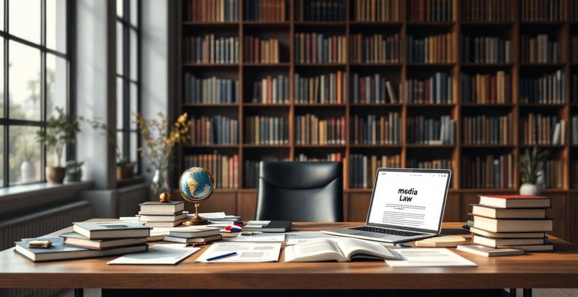 Sophisticated law office with wooden desk, legal books, Dutch flag, and laptop on media law.