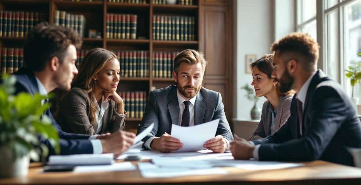 Diverse group discusses trademark regulations with a Dutch lawyer.