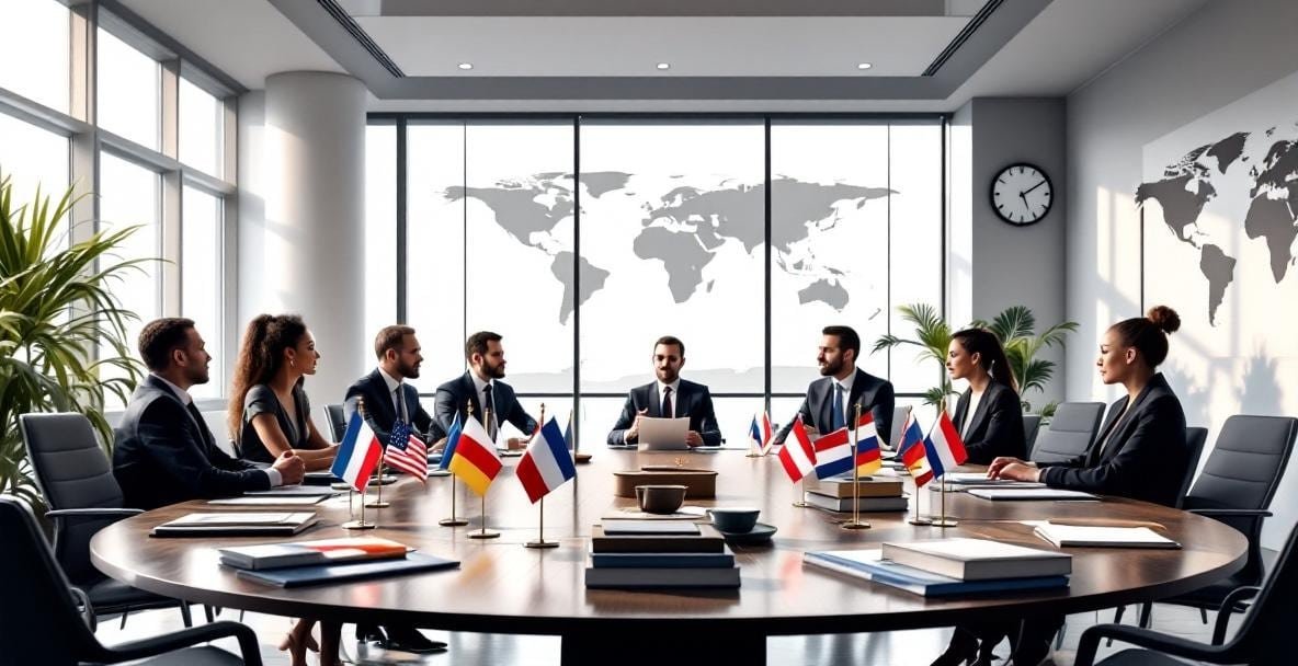 Modern conference room with diverse professionals discussing international legal matters.