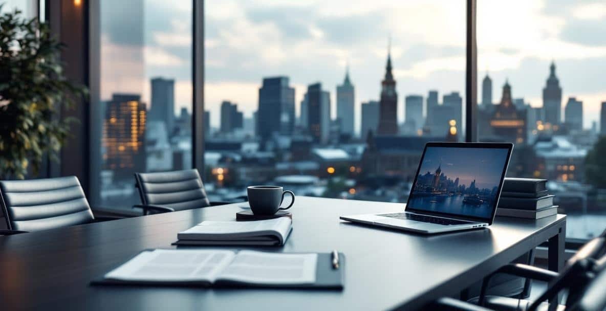 Modern office with conference table and Dutch cityscape visible through large windows.