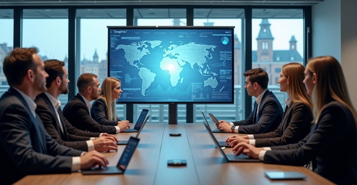 Modern boardroom with diverse professionals using digital tools and a view of Amsterdam cityscape.