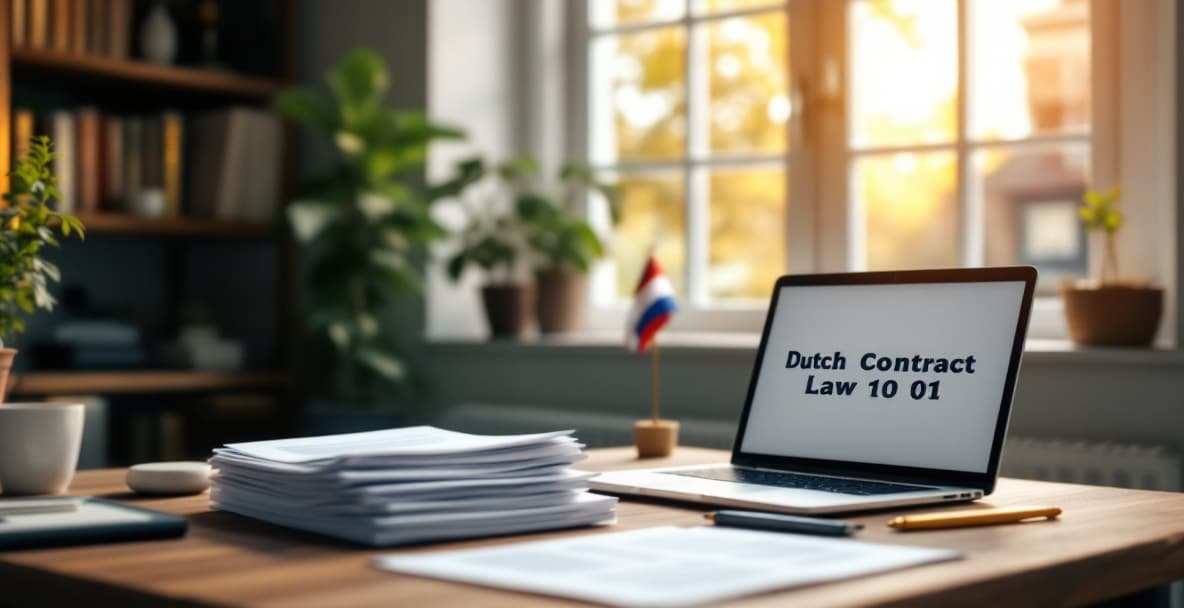 Serene office with a desk focusing on Dutch contract law materials.