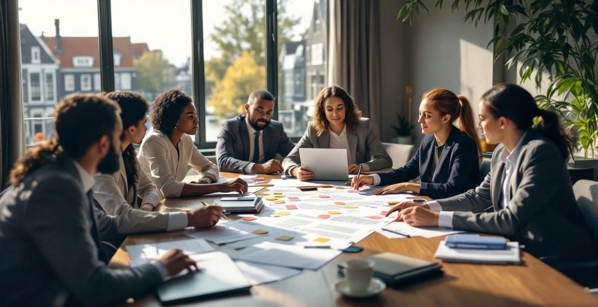 Professionals in a conference room reviewing a Dutch contract with a cityscape view.
