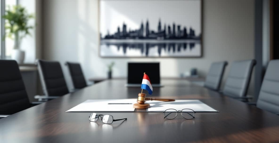 Office setting with Dutch legal documents, laptop, gavel, eyeglasses, and a flag on a conference table.