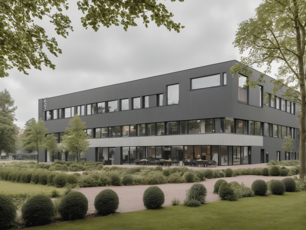 Modern building surrounded by landscaped gardens.