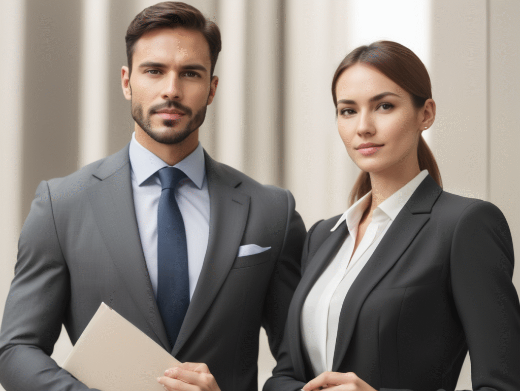 Two professionals in formal attire.